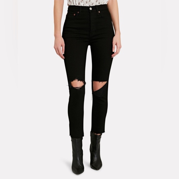 Re/Done Denim - Re/Done 90'S High Rise Ankle Crop In Jet Black With Rips